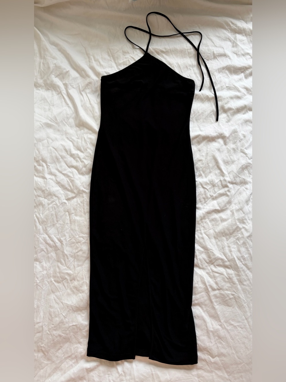 Women's Black Halter Midi Dress - Sleek Strappy Design
